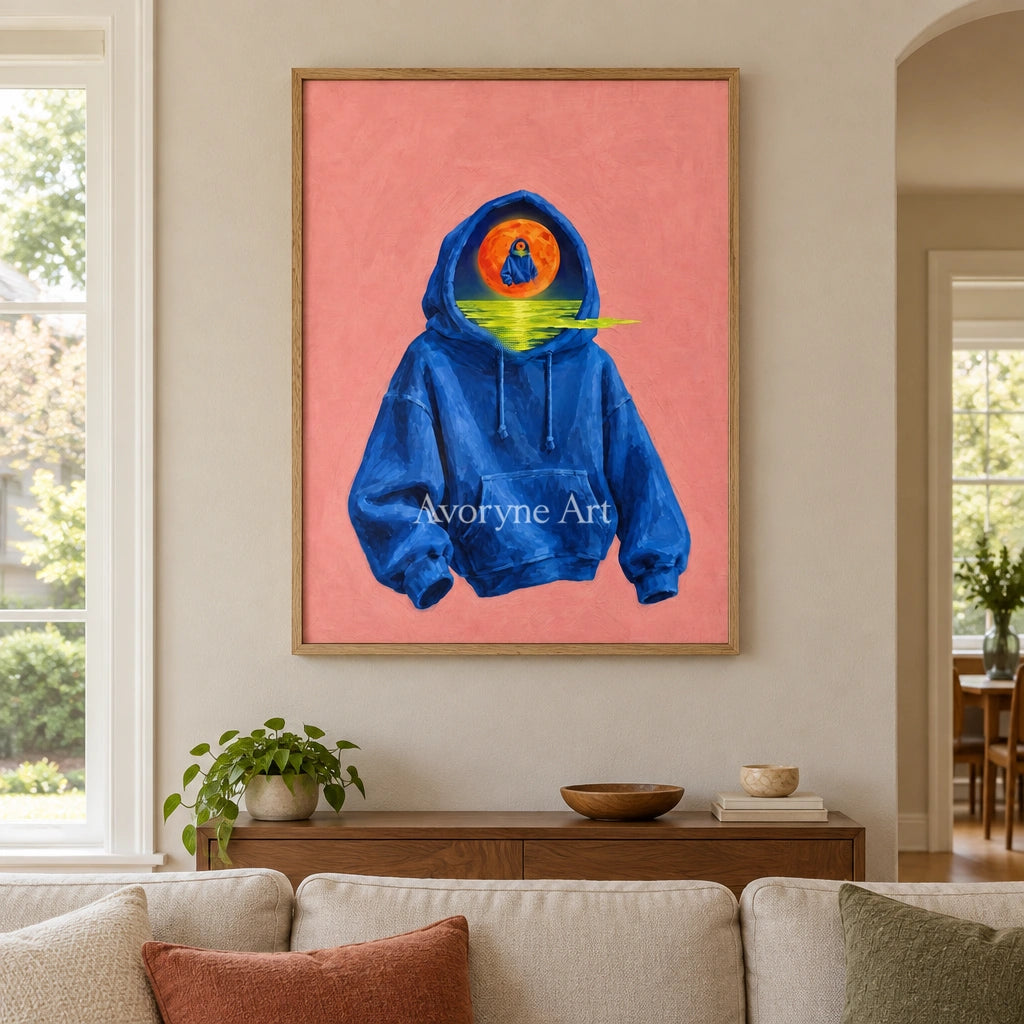 Bright Rhythm surreal scene wall art with a wood frame in a villa living space