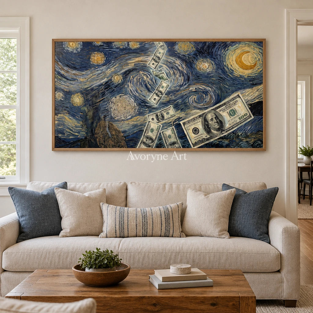 Restful Memory surreal scene wall art with a wood frame in a villa living space
