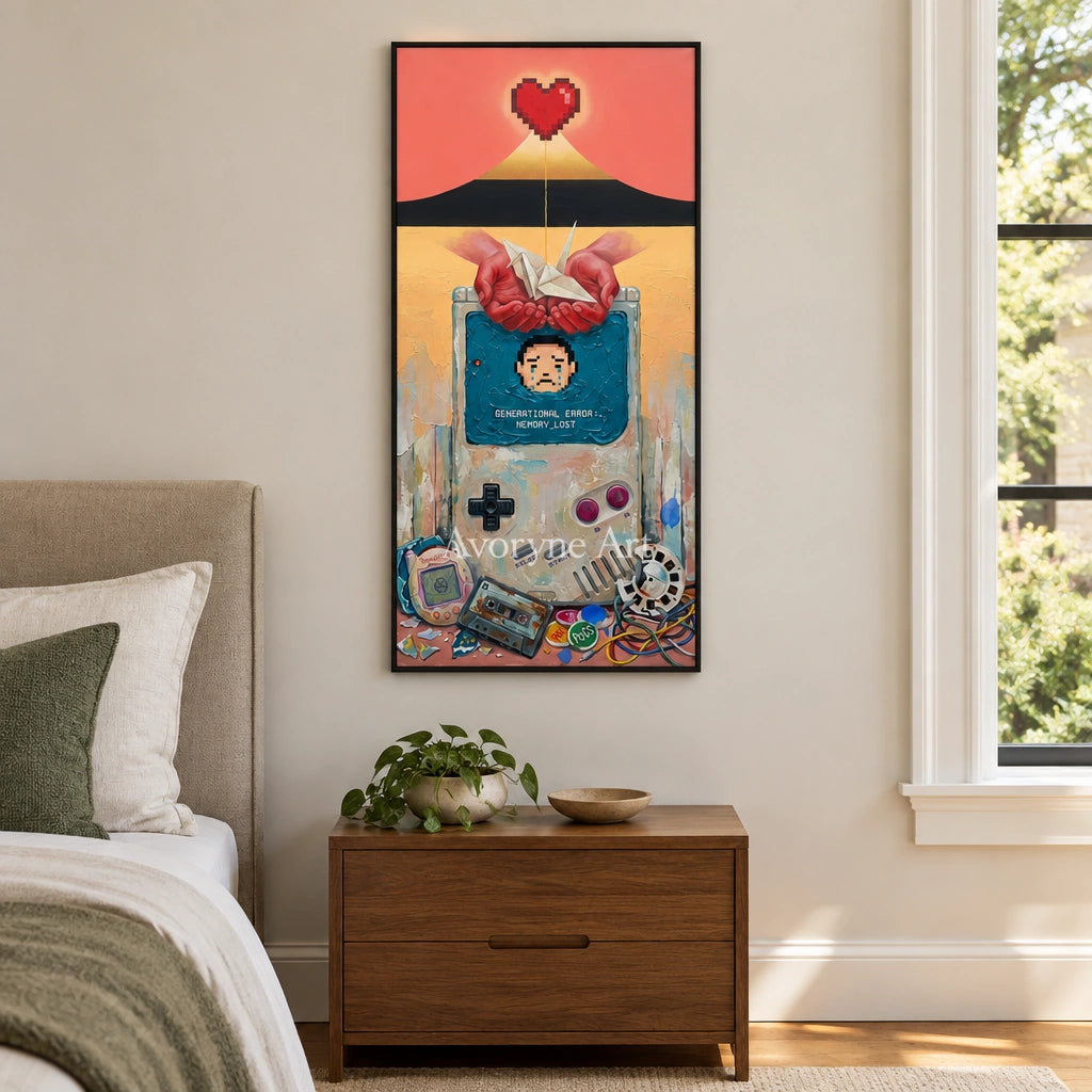 Warm Reverie surreal scene wall art with a black frame above a bed in a bedroom