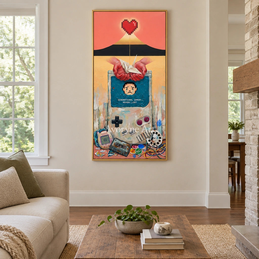 Warm Reverie surreal scene wall art with a gold frame hanging in a living room