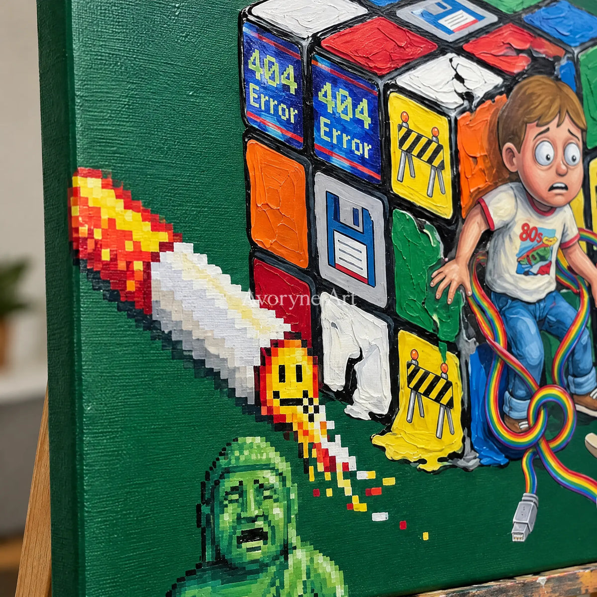 Close-up of the hand-painted texture of Warm Interval surreal scene wall art on an easel