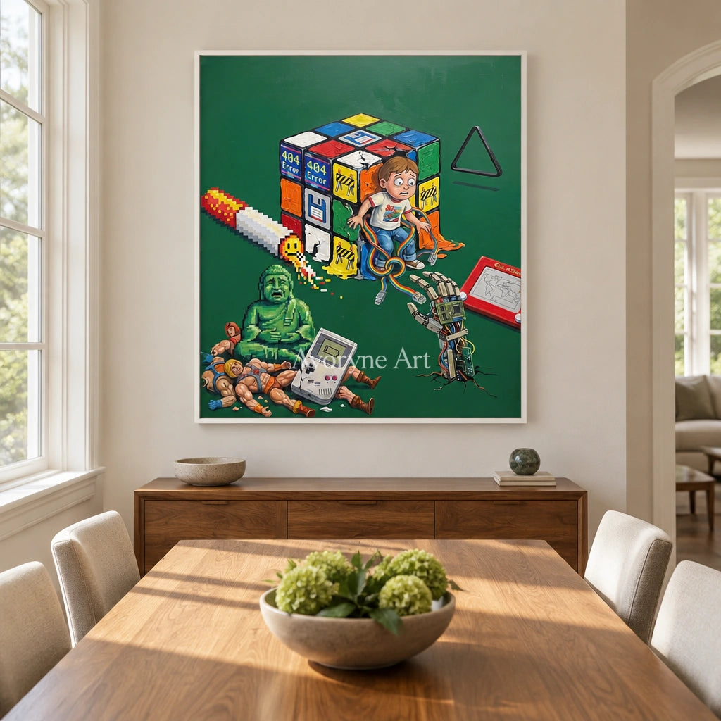 Warm Interval surreal scene wall art with a white frame in a dining room