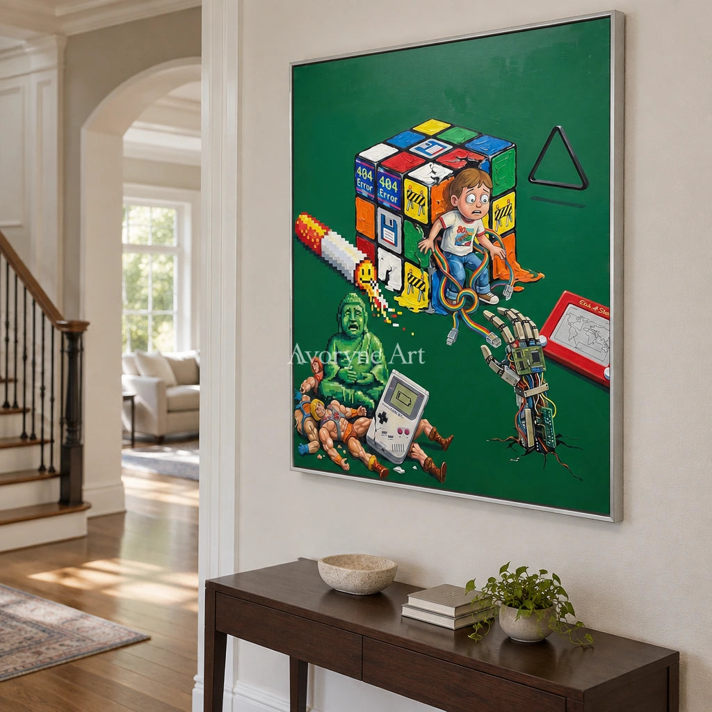 Warm Interval surreal scene wall art with a silver frame in an entryway