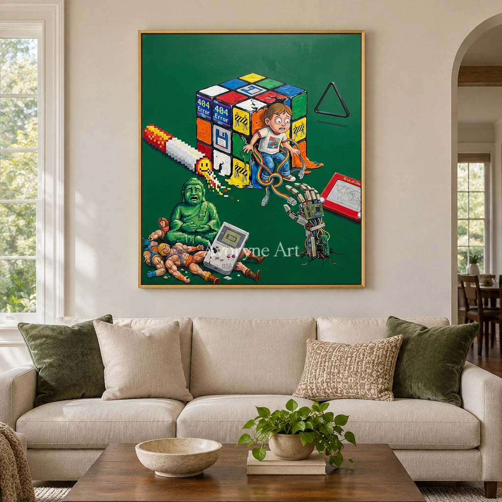 Warm Interval surreal scene wall art with a gold frame hanging in a living room