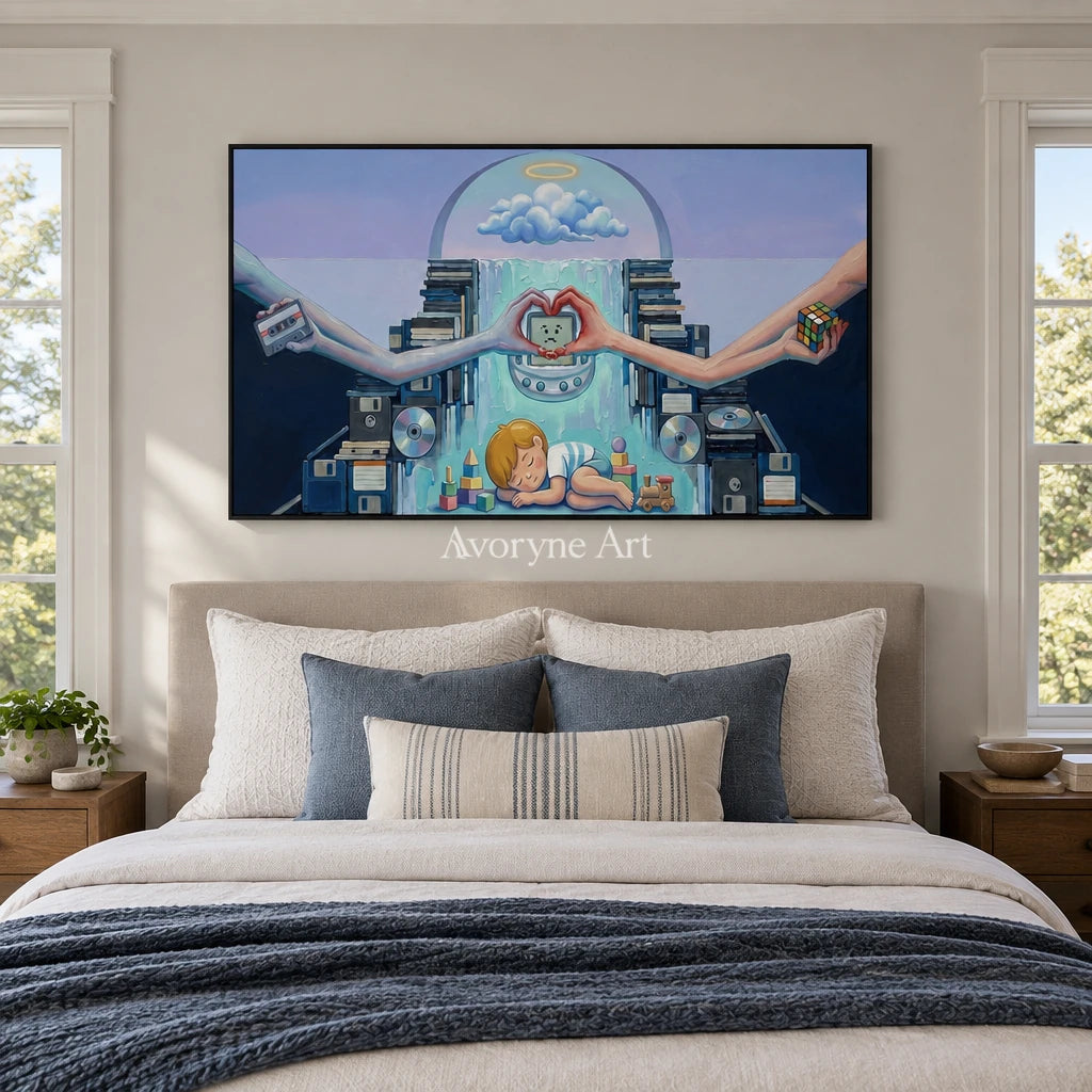Warm Echo surreal scene wall art with a black frame above a bed in a bedroom
