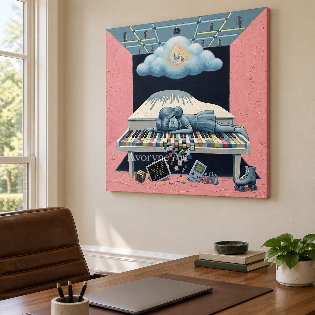 Warm Rhythm surreal scene wall art as a frameless stretched canvas in a home office