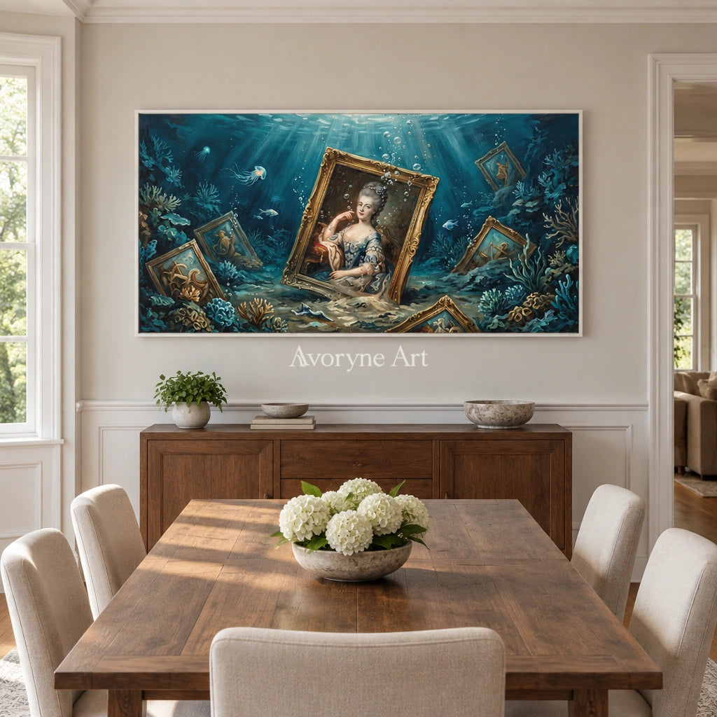 Clear Prelude surreal scene wall art with a white frame in a dining room