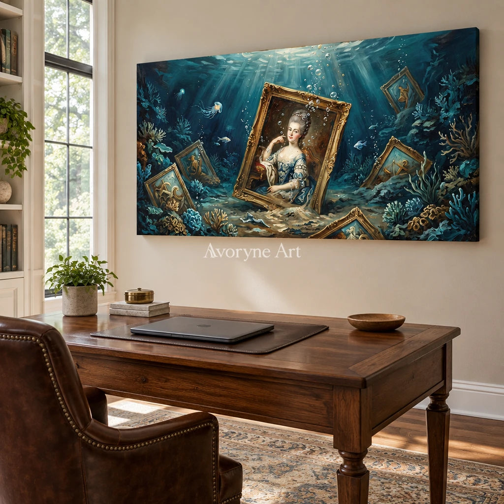 Clear Prelude surreal scene wall art as a frameless stretched canvas in a home office