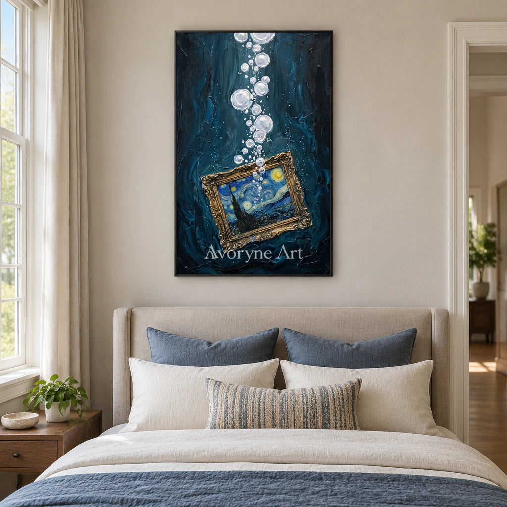 Clear Trace surreal scene wall art with a black frame above a bed in a bedroom