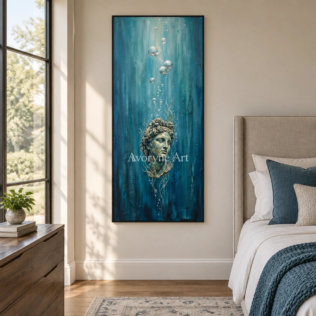 Clear Story surreal scene wall art with a black frame above a bed in a bedroom