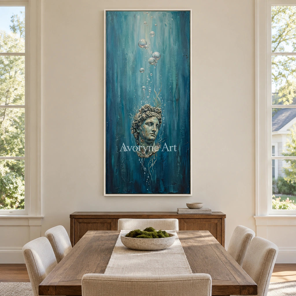 Clear Story surreal scene wall art with a white frame in a dining room