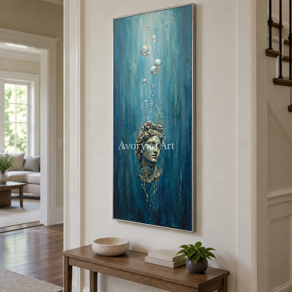 Clear Story surreal scene wall art with a silver frame in an entryway