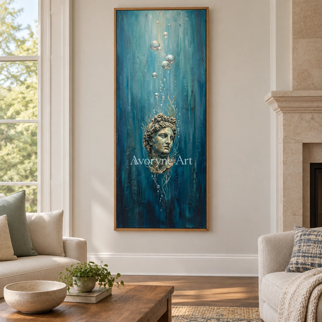Clear Story surreal scene wall art with a wood frame in a villa living space