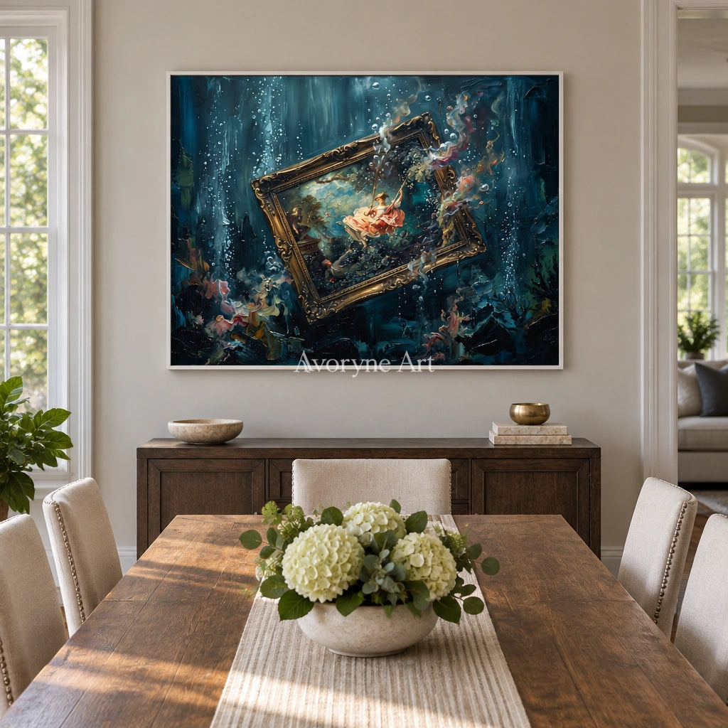 Clear Vista surreal scene wall art with a white frame in a dining room