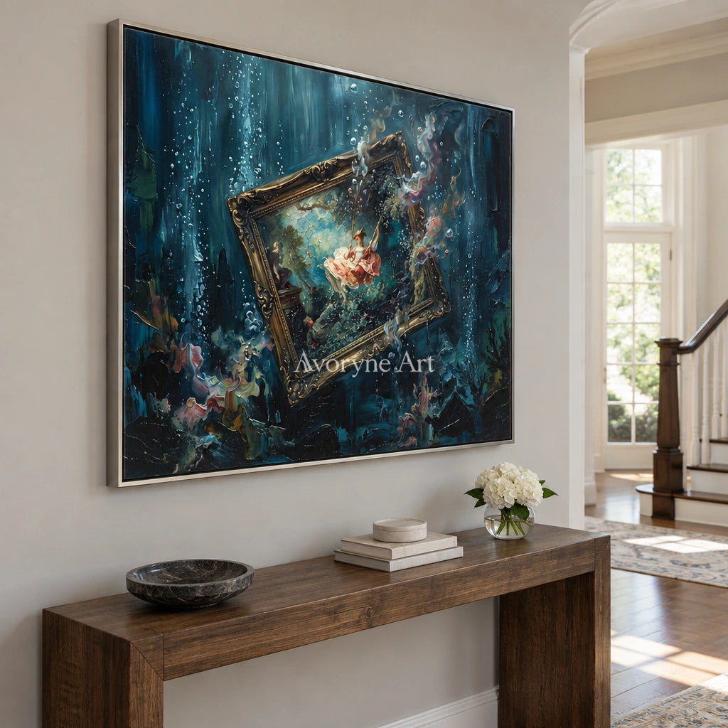 Clear Vista surreal scene wall art with a silver frame in an entryway
