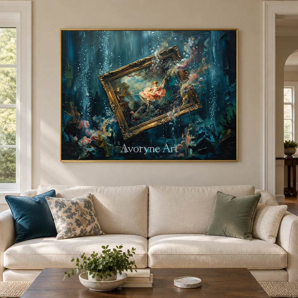 Clear Vista surreal scene wall art with a gold frame hanging in a living room