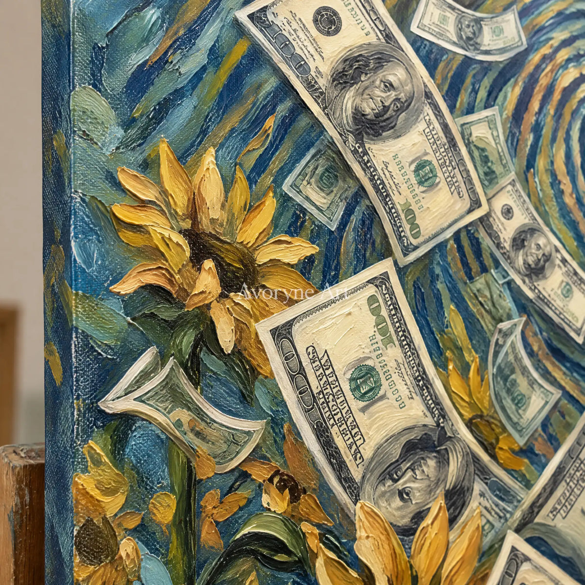 Close-up of the hand-painted texture of Clear Current surreal scene wall art on an easel