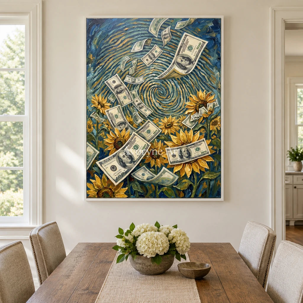 Clear Current surreal scene wall art with a white frame in a dining room