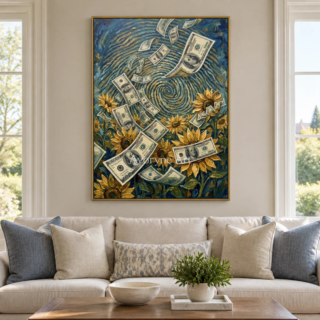 Clear Current surreal scene wall art with a gold frame hanging in a living room