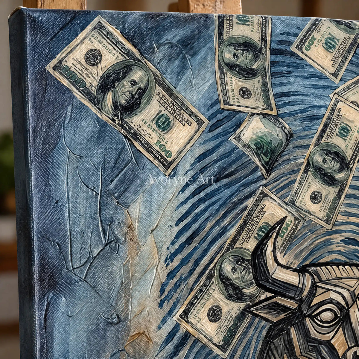 Close-up of the hand-painted texture of Clear Solace surreal scene wall art on an easel