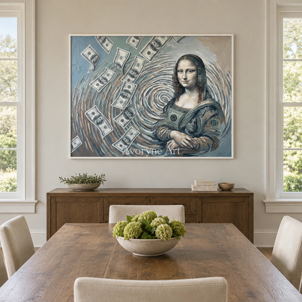 Clear Reverberation surreal scene wall art with a white frame in a dining room