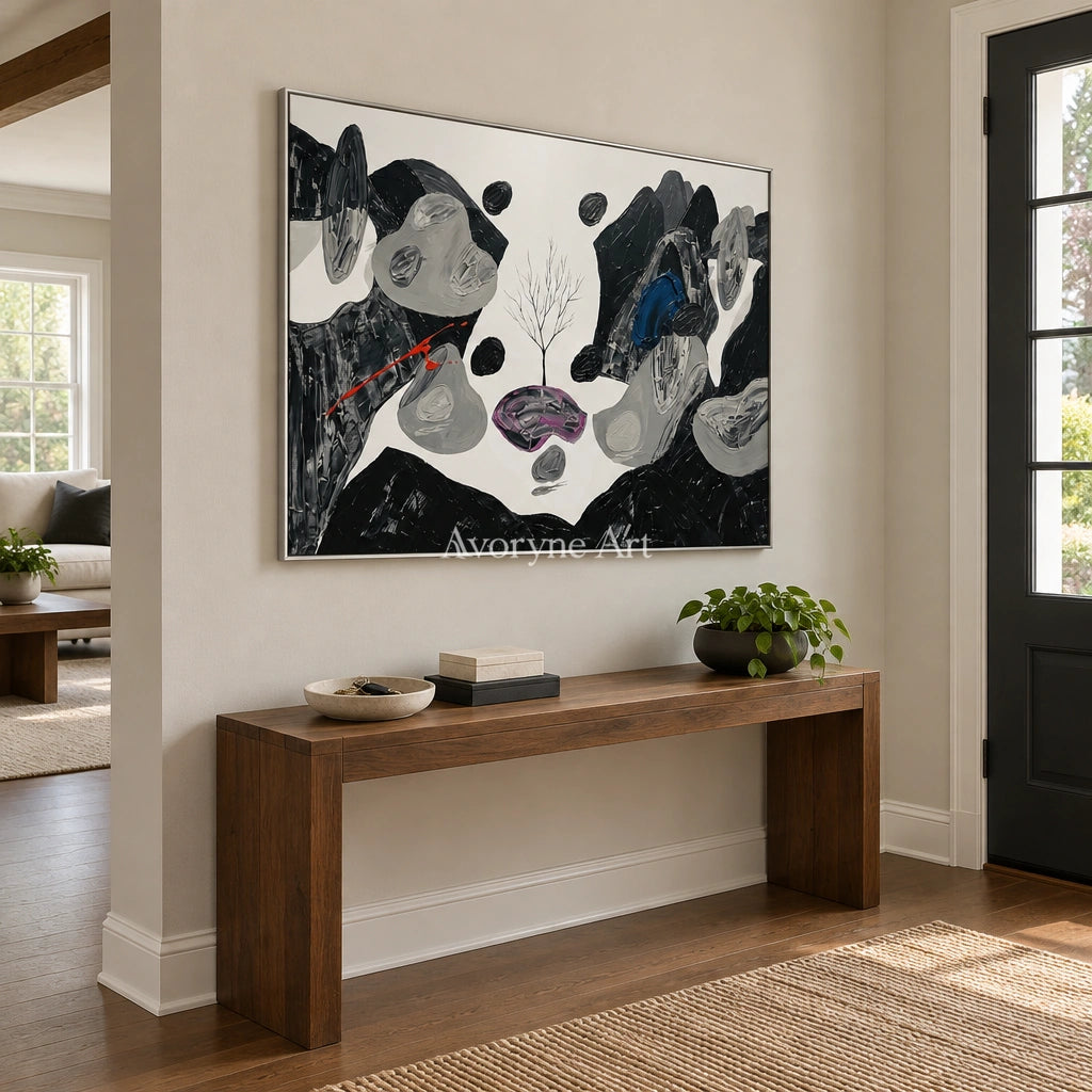 Misted Measure surreal stone landscape wall art with a silver frame in an entryway