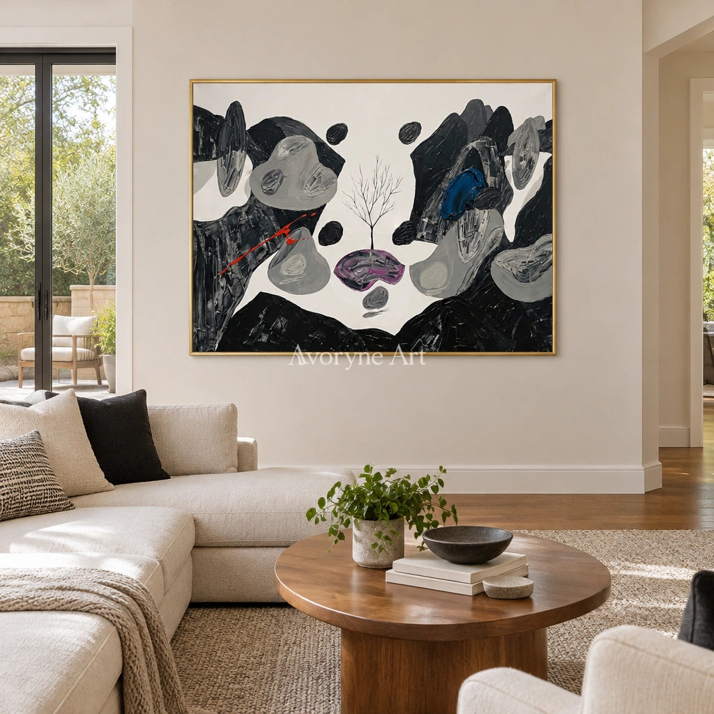 Misted Measure surreal stone landscape wall art with a gold frame hanging in a living room