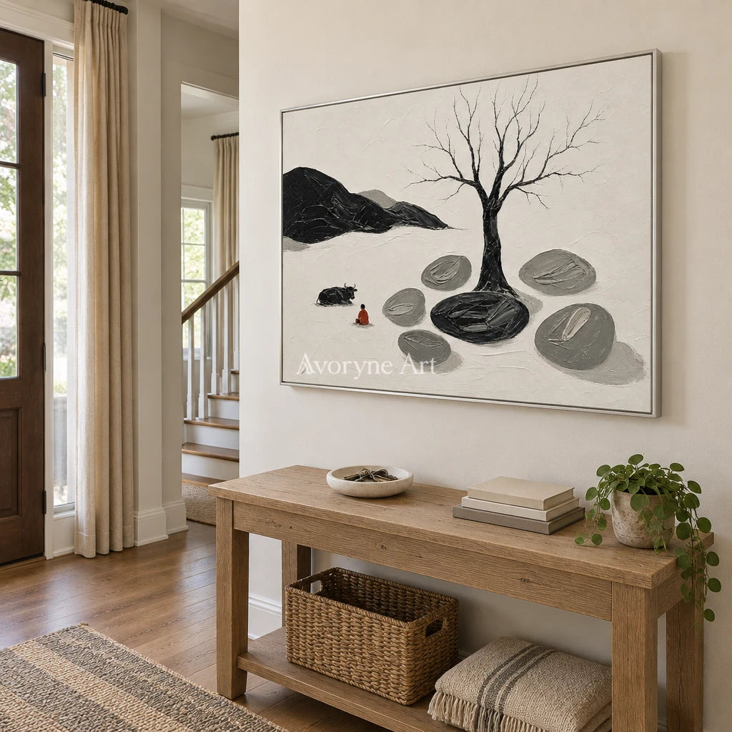 Misted Passage surreal stone landscape wall art with a silver frame in an entryway