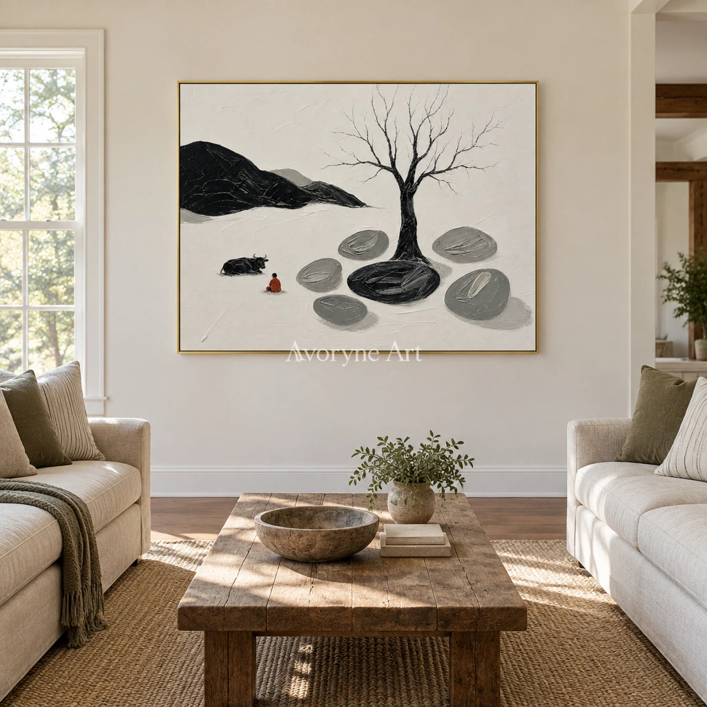Misted Passage surreal stone landscape wall art with a gold frame hanging in a living room