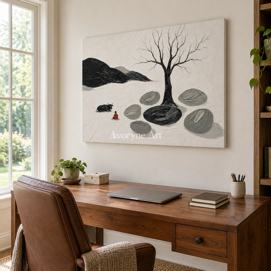 Misted Passage surreal stone landscape wall art as a frameless stretched canvas in a home office