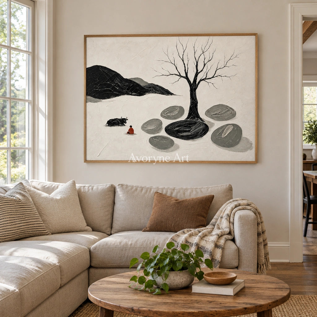 Misted Passage surreal stone landscape wall art with a wood frame in a villa living space