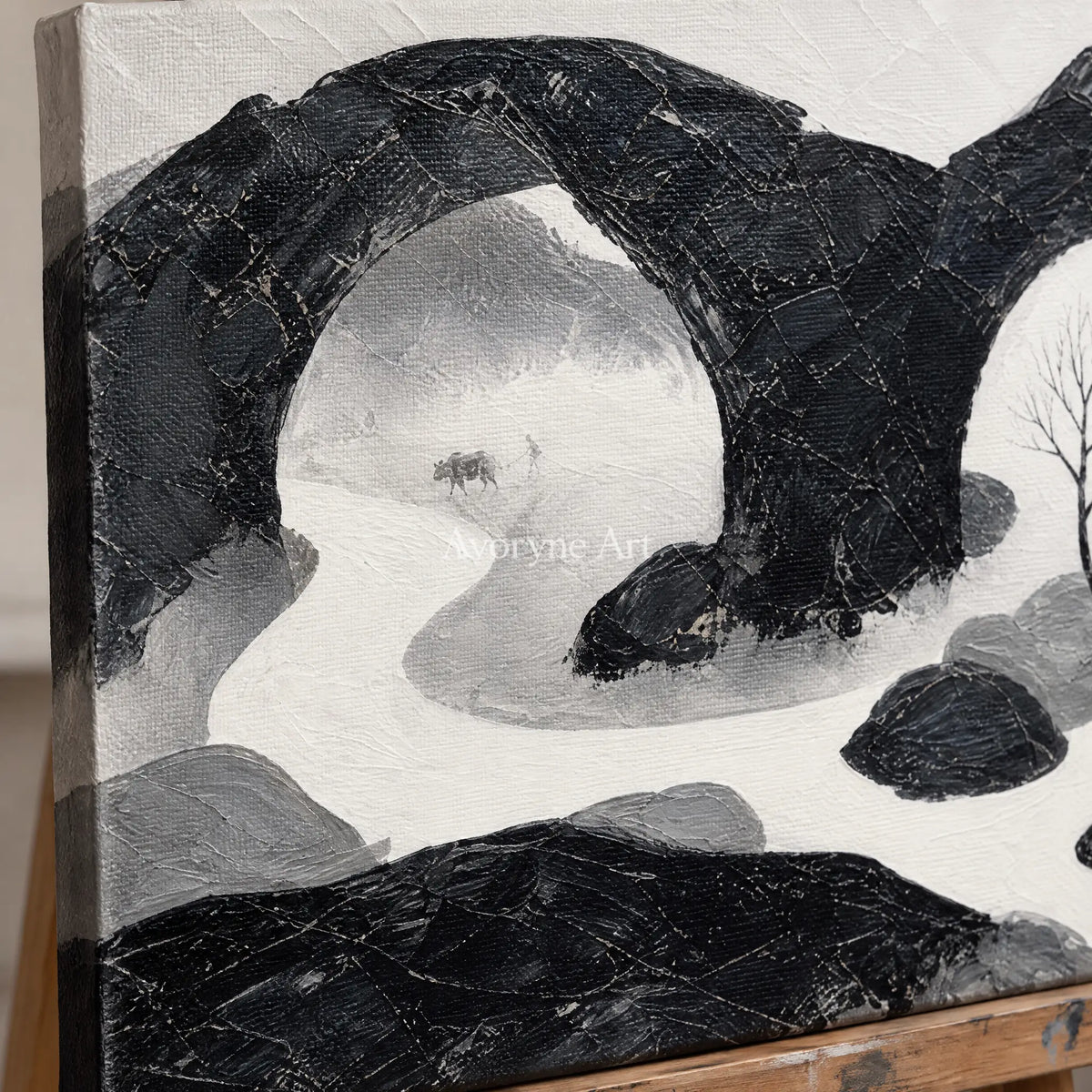 Close-up of the hand-painted texture of Misted Rhythm surreal stone landscape wall art on an easel