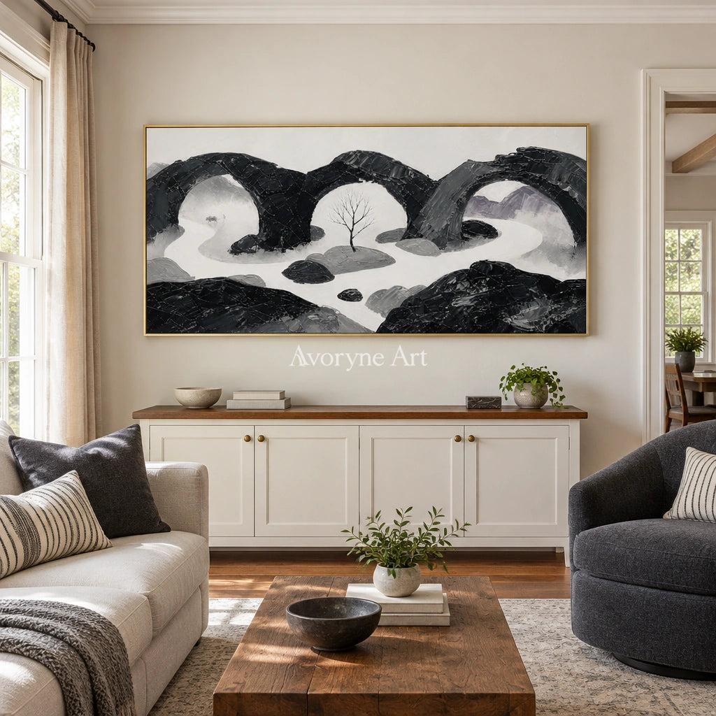 Misted Rhythm surreal stone landscape wall art with a gold frame hanging in a living room