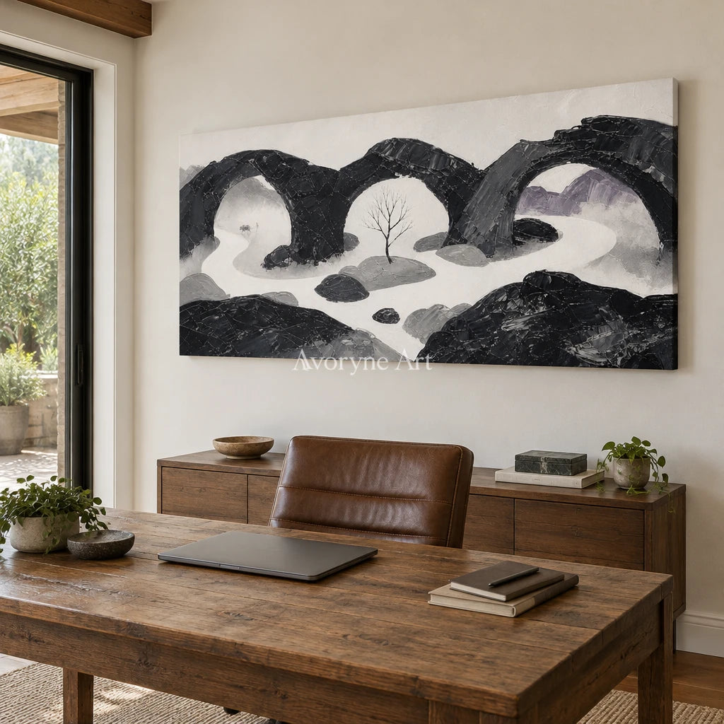 Misted Rhythm surreal stone landscape wall art as a frameless stretched canvas in a home office