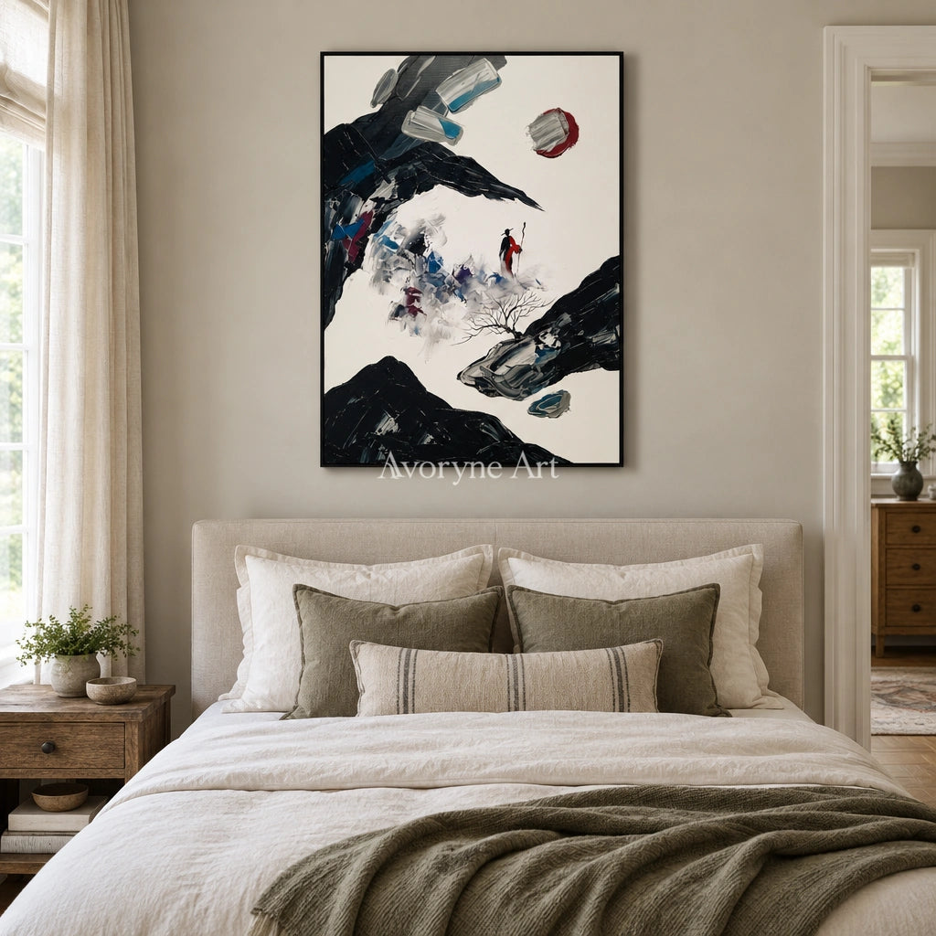 Misted Drift surreal stone landscape wall art with a black frame above a bed in a bedroom