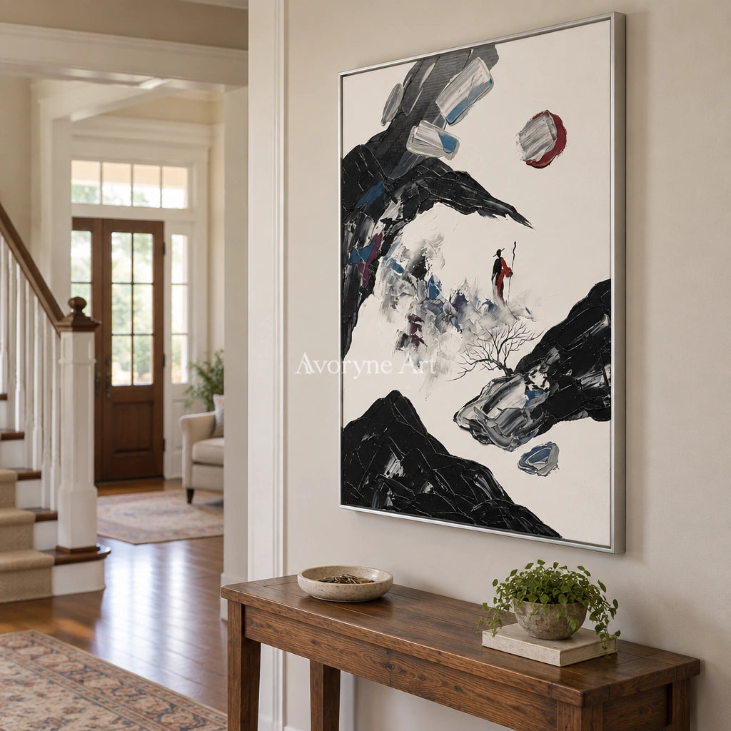 Misted Drift surreal stone landscape wall art with a silver frame in an entryway