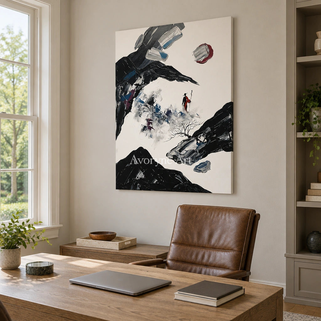 Misted Drift surreal stone landscape wall art as a frameless stretched canvas in a home office