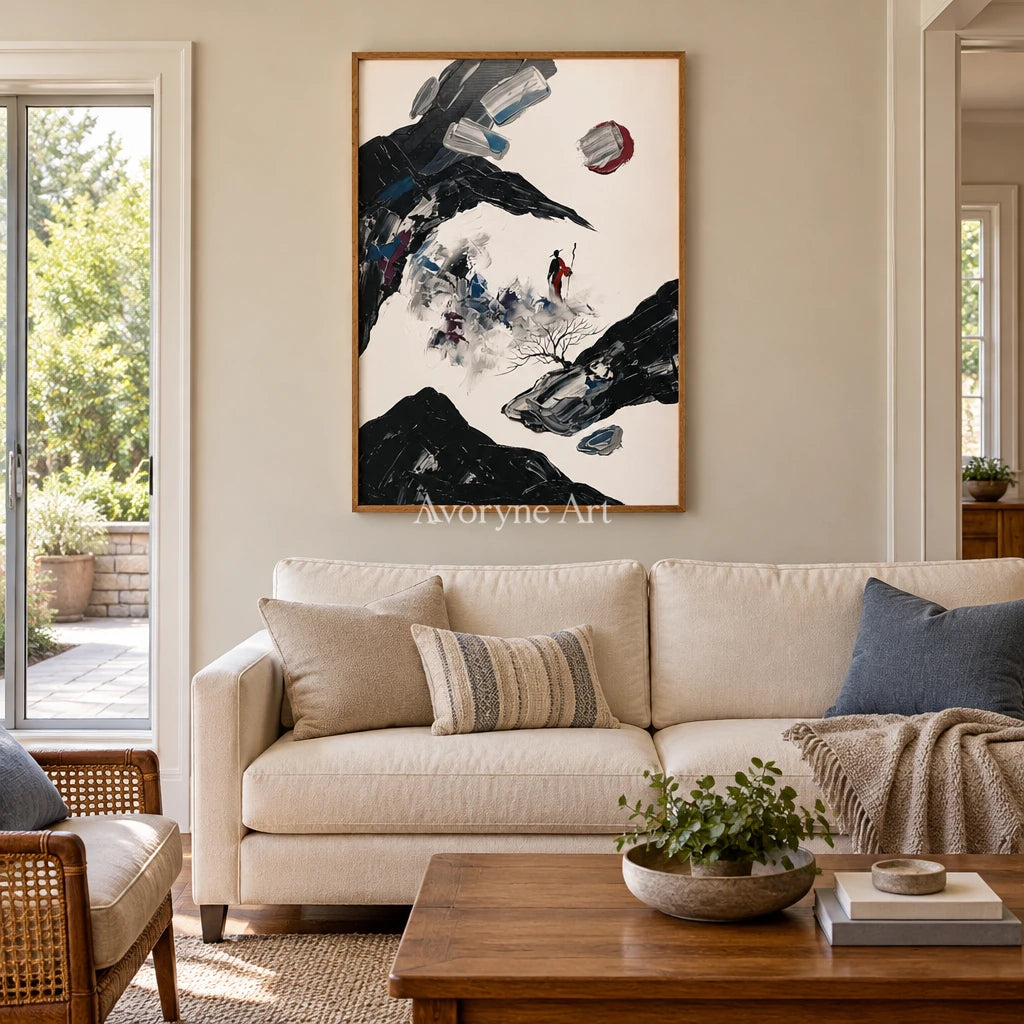 Misted Drift surreal stone landscape wall art with a wood frame in a villa living space