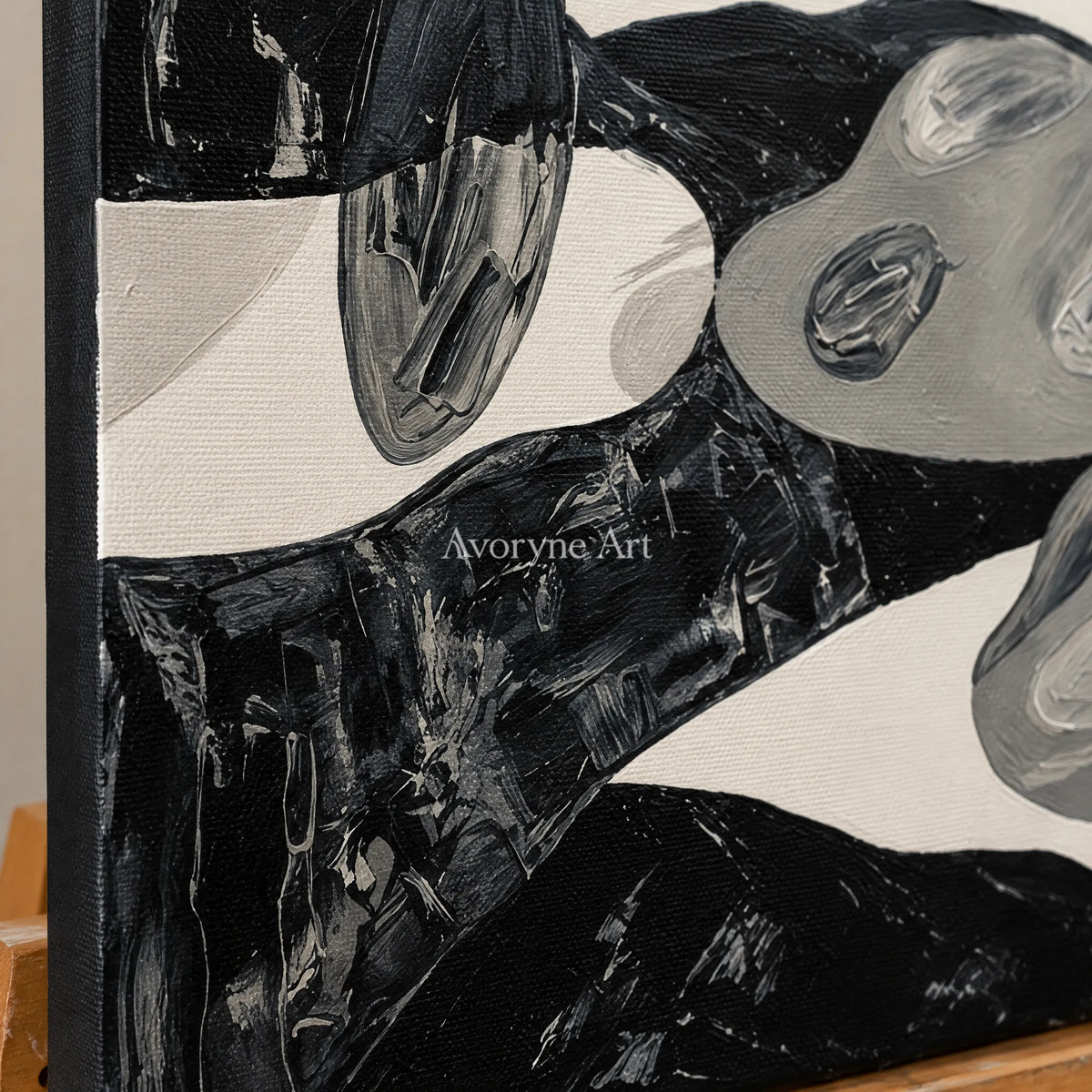 Close-up of the hand-painted texture of Misted Haven surreal stone landscape triptych on an easel
