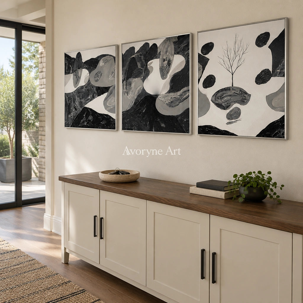 Misted Haven surreal stone landscape triptych with a silver frame in an entryway
