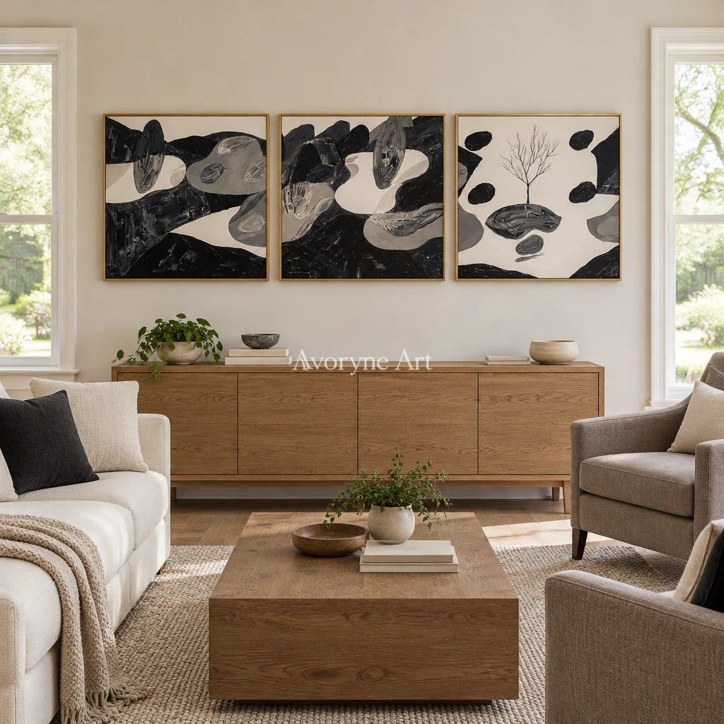 Misted Haven surreal stone landscape triptych with a gold frame hanging in a living room