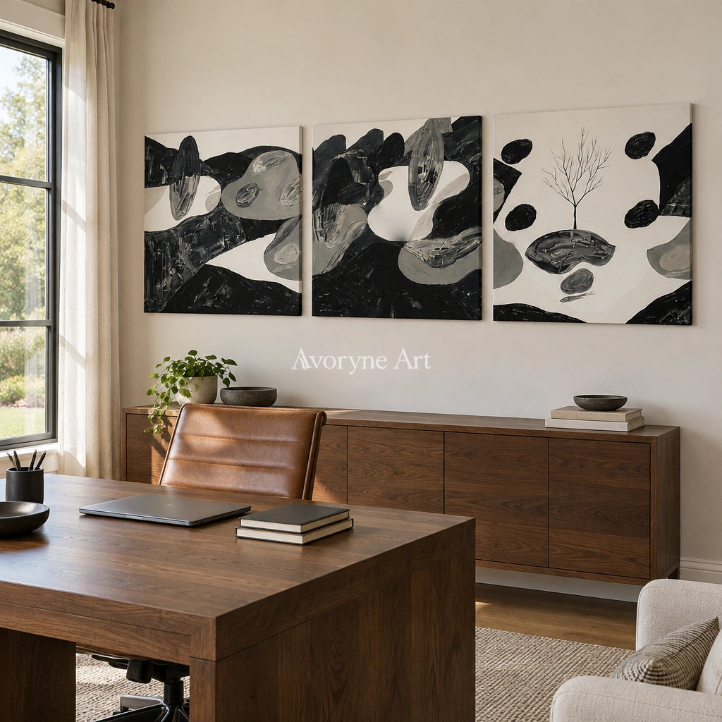 Misted Haven surreal stone landscape triptych as a frameless stretched canvas in a home office