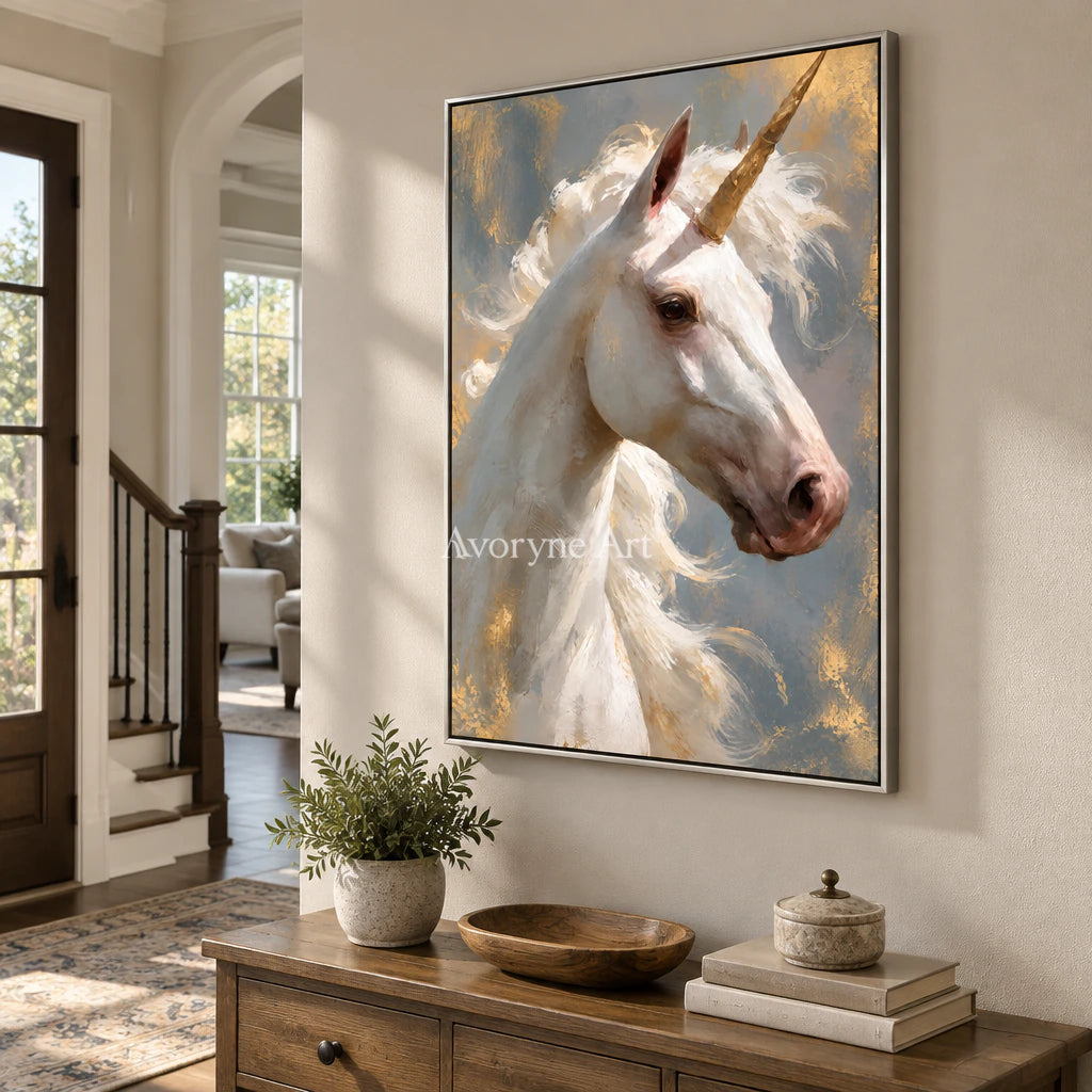 Golden Wonder: Surrealist Unicorn Portrait Wall Art — entry silver