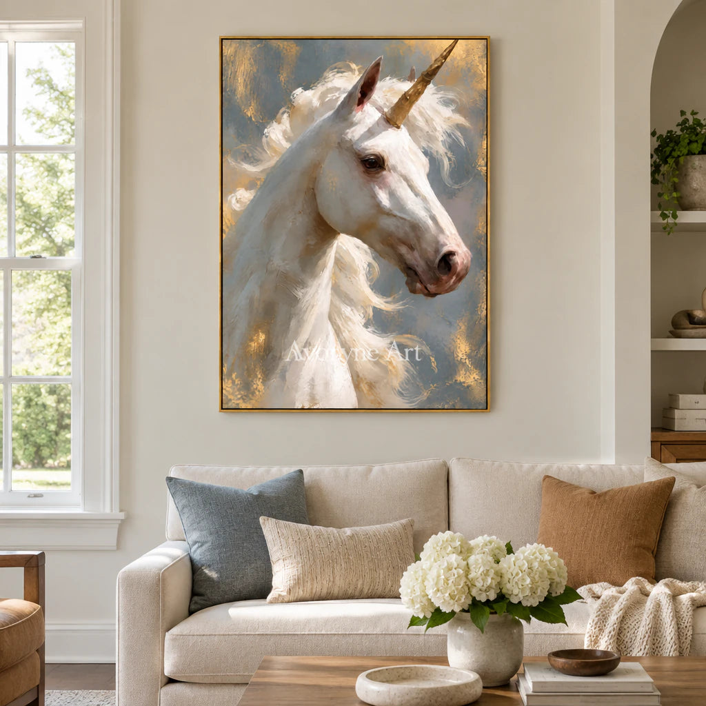 Golden Wonder: Surrealist Unicorn Portrait Wall Art — living gold