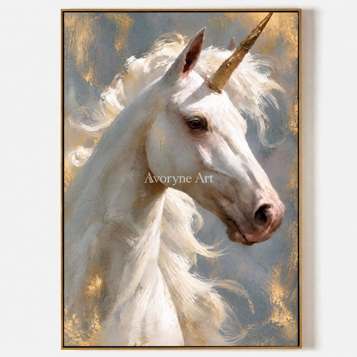 Golden Wonder: Surrealist Unicorn Portrait Wall Art — primary