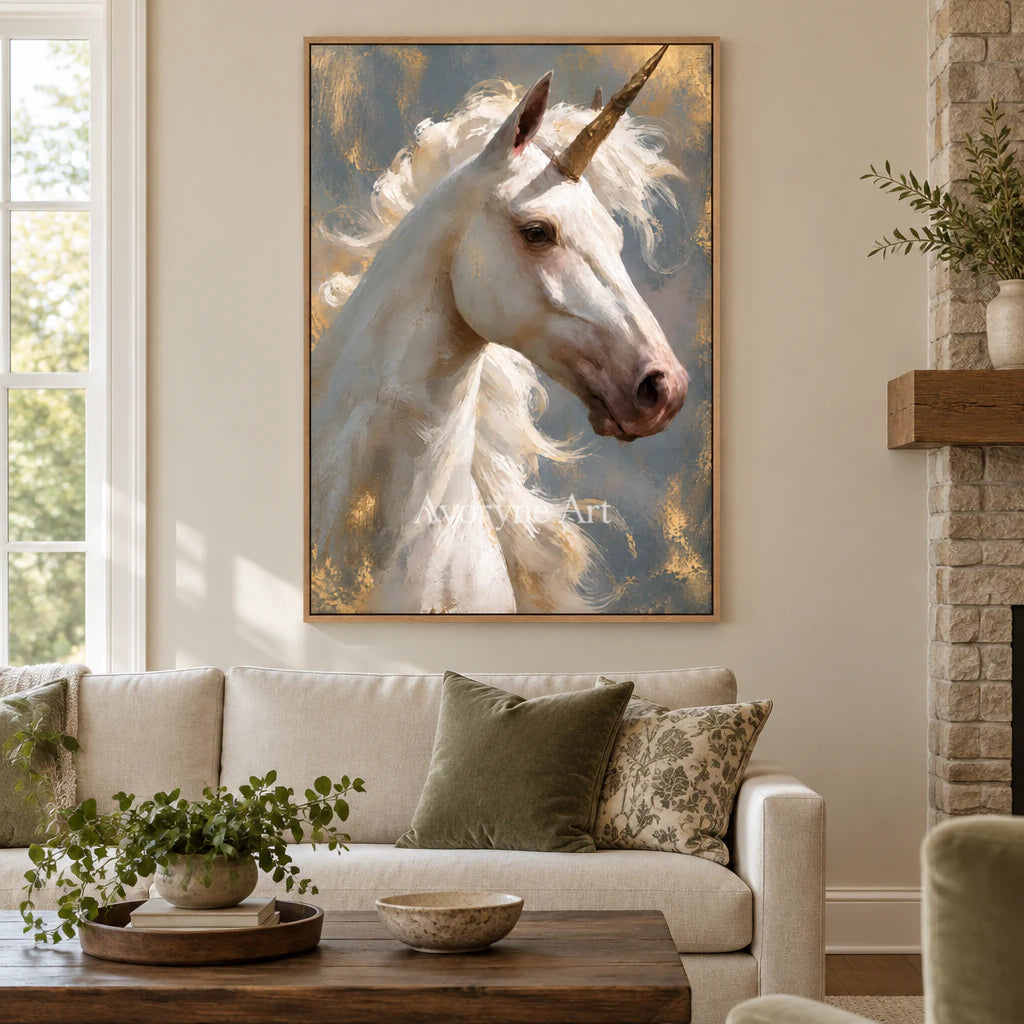 Golden Wonder: Surrealist Unicorn Portrait Wall Art — villa wood