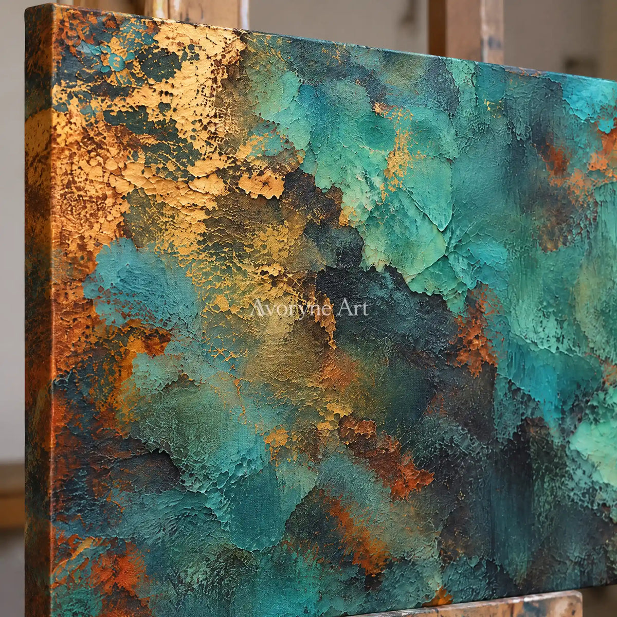 Verdigris Drift: Teal Weathered Abstract Wall Art — detail easel