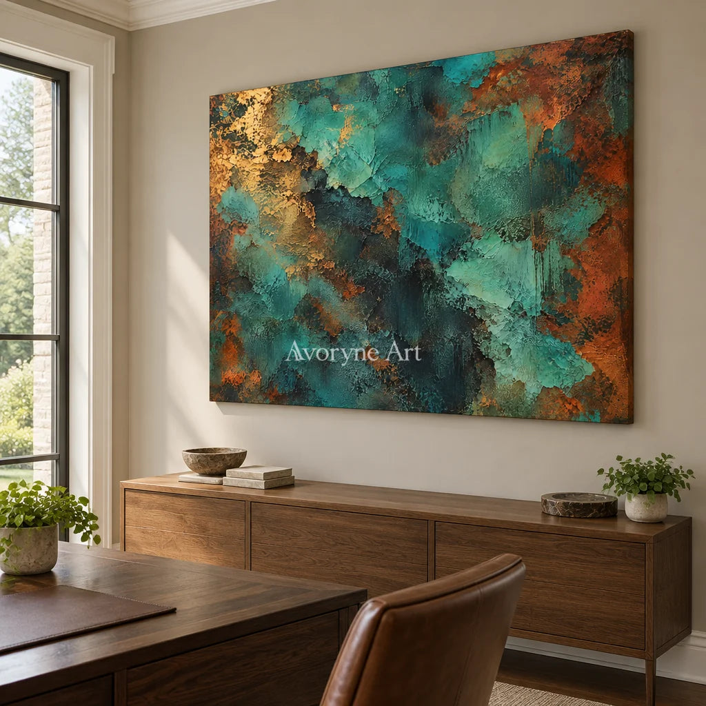 Verdigris Drift: Teal Weathered Abstract Wall Art — office frameless