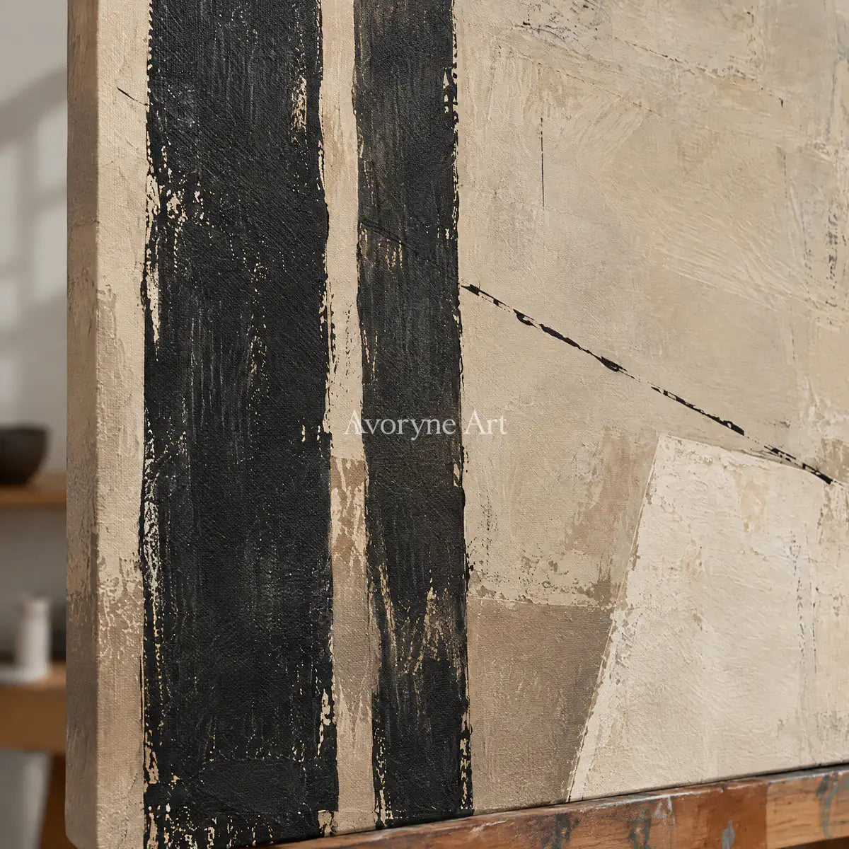 Quiet Alignment: Textured Beige Black Abstract Wall Art — detail easel