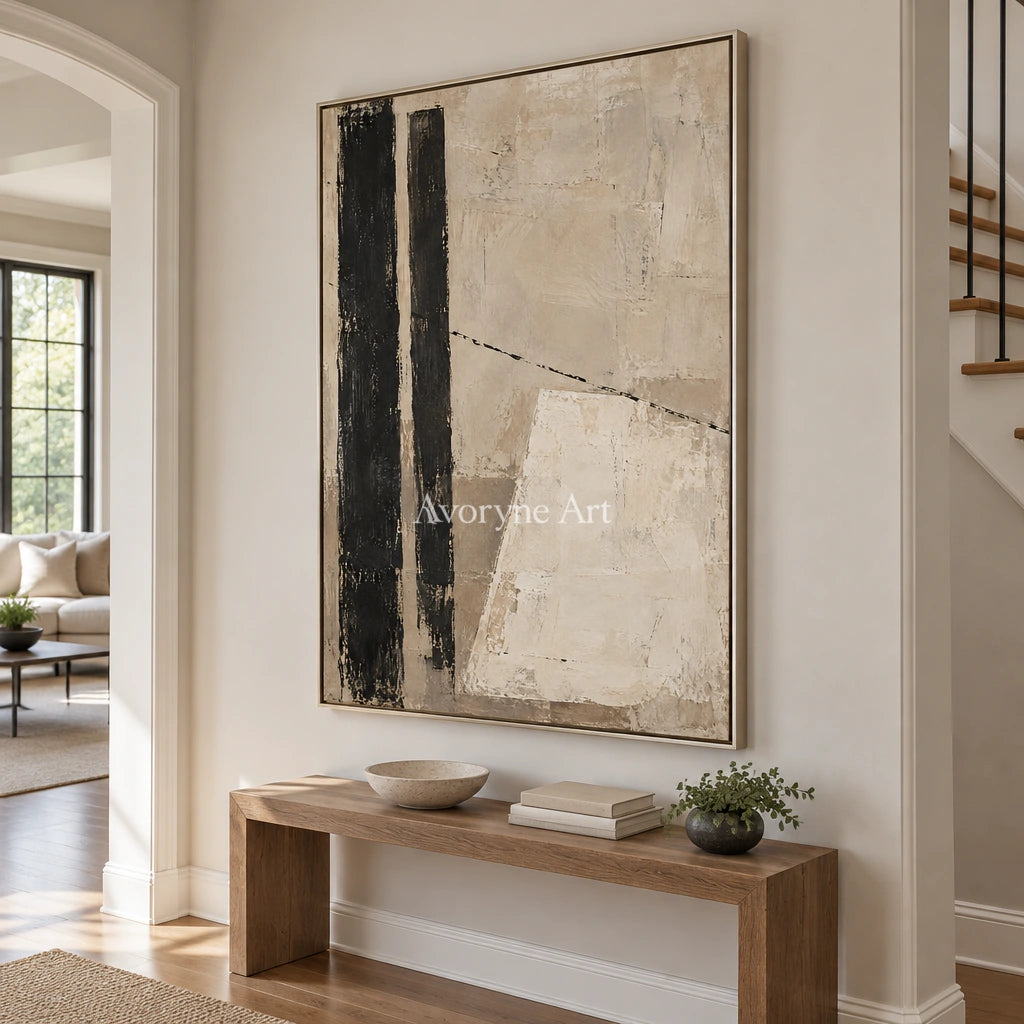 Quiet Alignment: Textured Beige Black Abstract Wall Art — entry silver